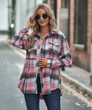 Collared Long Sleeve Pocket Casual Check Shirt Polyester