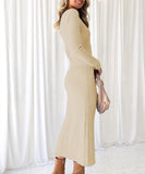 Sexy Long Sleeve Pleated Dress Multicolor Apricot Pink