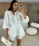 Lace Cutout Casual Long Sleeve Two Piece Polyester Set