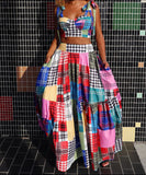 Vibrant Printed Sleeveless Long Dress Set in Red and Pink