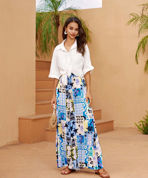 Loose Wide Leg Pants with Drawstring Waist in Blue and Black