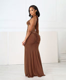 Off-The-Shoulder Fish-Tail Slit Dress With Cutout Design Sleek Evening Silhouette