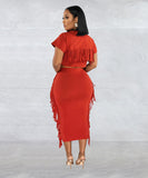 A Two-Piece Set of Solid-Color Fringed Round-Neck Short-Sleeve Long Dress