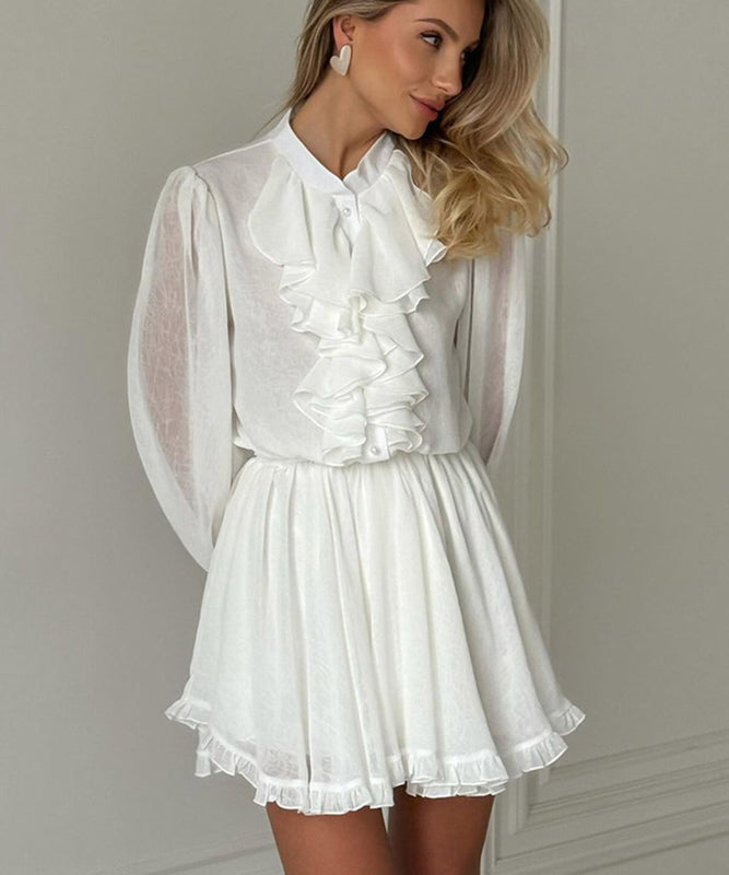 Chic Peplum Stand Collar Long Sleeve Elastic Waist A-Line Skirt