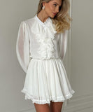 Chic Peplum Stand Collar Long Sleeve Elastic Waist A-Line Skirt