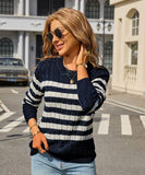 Classic Color Block Cable Knit Turtleneck Sweater Relaxed