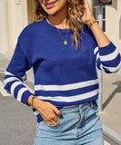 Relaxed Patchwork Striped Sweater With Round Neck Casual