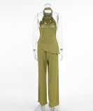 Backless Green Casual Outfit with Neck-Revealing Design