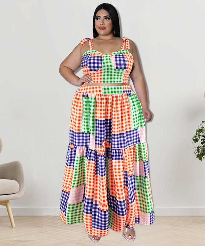 Plaid Sleeveless Blazer With Wide Skirt Set In Vibrant Colors