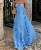 Solid Color Plunging Pleated Sleeveless Halter Dress for You