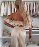 Elegant Plunging Pleated Pants Set Solid Colors Everyday