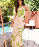 Sexy Form-Fitting Long Dress with Neck Tie Design in Green Black