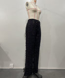Women's Wide Leg Denim Trousers with Trendy Perforated Fringes