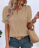 Chic V-Neck Puffed Sleeve Jacquard Casual Loose T-Shirt