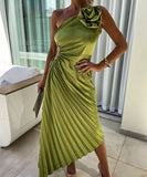 Fashion Sexy Oblique Shoulder Pleated Hollow Gown in Chic Colors