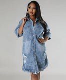 Denim Dress With Frayed Hem And Fringed Sleeves
