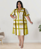 Plus Size Checkered Shirt Dress Short Sleeve Cowl Neck Polyester