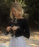 Chic Black Long Sleeve Cardigan with Lace Patchwork Contrast