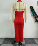 Halter Back V-Neck Button-Down Wide-Leg Jumpsuit for Elegant Style