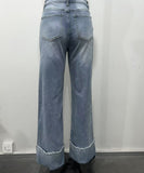 Blue Washed Long Jeans With Outward-Folded Cuffs For Comfort