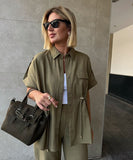 Casual Workwear Drawstring Shirt And Trousers Set Navy
