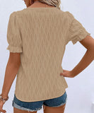 Chic V-Neck Puffed Sleeve Jacquard Casual Loose T-Shirt
