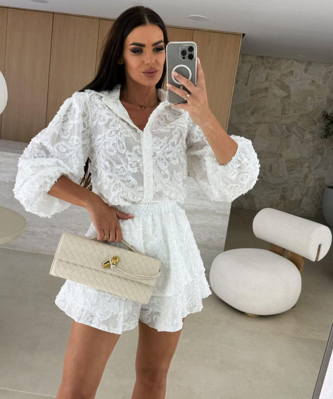 Lace Cutout Casual Long Sleeve Two Piece Polyester Set