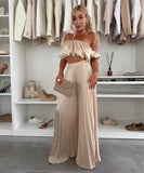 Elegant Plunging Pleated Pants Set Solid Colors Everyday