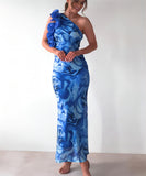 Figure-Hugging Sleeveless Dress with 3D Floral Accents