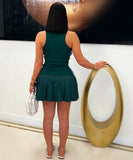 Sexy Sleeveless Round Neck Pleated Skirt in Black Red Green White
