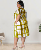 Plus Size Checkered Shirt Dress Short Sleeve Cowl Neck Polyester
