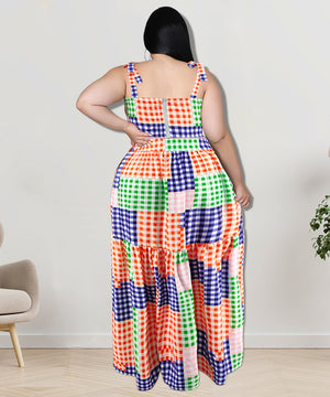 Plaid Sleeveless Blazer With Wide Skirt Set In Vibrant Colors