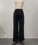 Women's Wide Leg Denim Trousers with Trendy Perforated Fringes