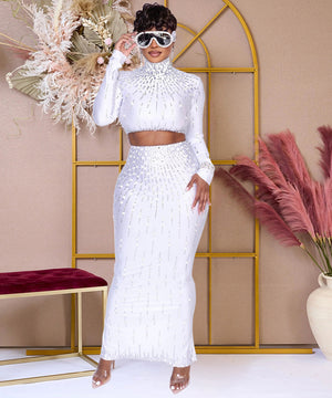 Chic Long Sleeve Top Bag Hip Split Skirt Two-Piece Set for Elegant Versatility