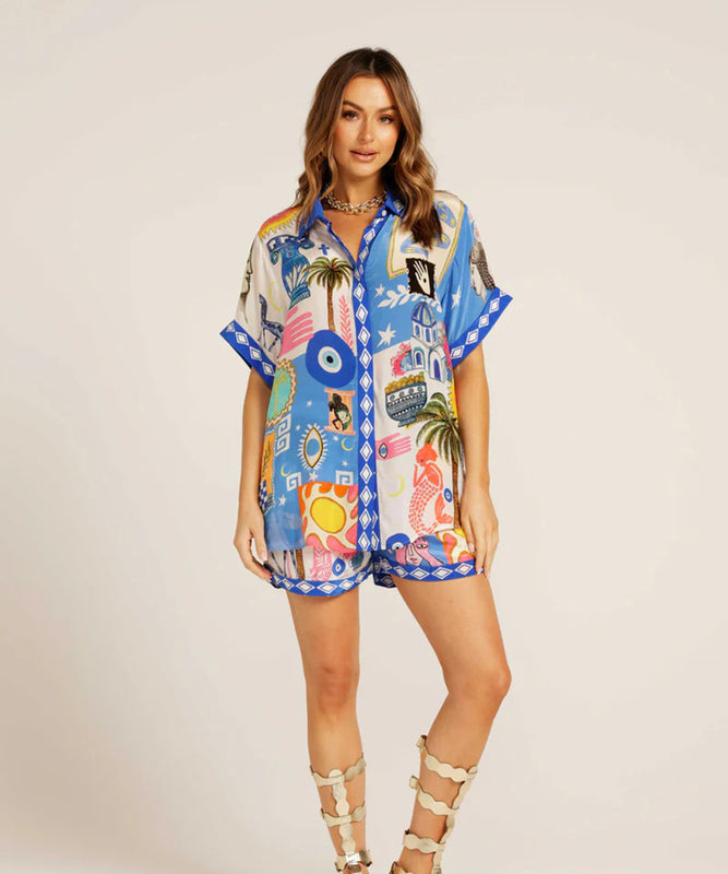 Positioned Print Open Cardigan Shirt And Short Pants Set
