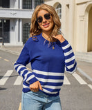 Relaxed Patchwork Striped Sweater With Round Neck Casual