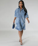 Denim Dress With Frayed Hem And Fringed Sleeves