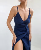 Elegant V-Neck Crepe Split Halter Dress for Any Occasion