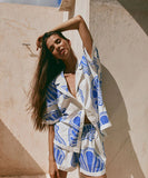 Relaxing Loose Printed V Neck Homewear Set Blue Polyester
