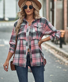 Collared Long Sleeve Pocket Casual Check Shirt Polyester