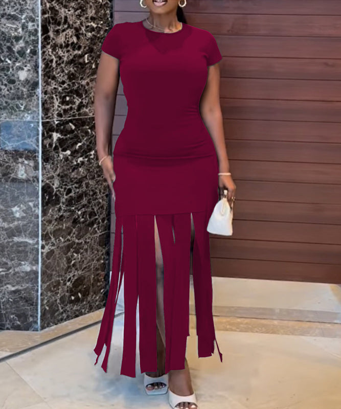 Slim Solid Color Fringe Base Dress for Elegant Casual Wear