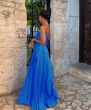 Solid Color Plunging Pleated Sleeveless Halter Dress for You
