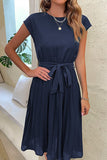 Sophisticated Belted Midi Dress with Short Sleeves