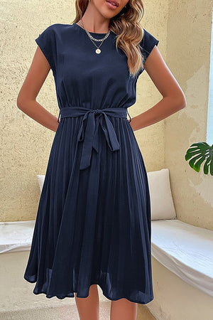 Sophisticated Belted Midi Dress with Short Sleeves