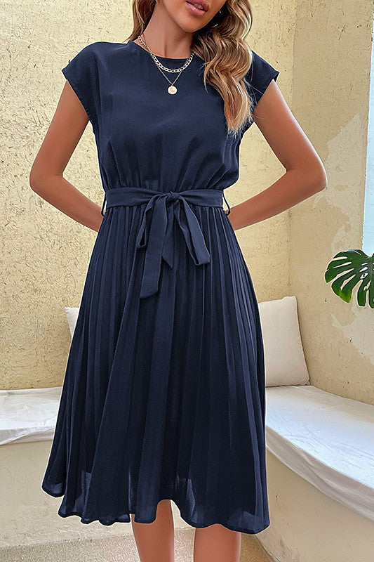 Sophisticated Belted Midi Dress with Short Sleeves