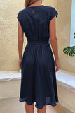 Sophisticated Belted Midi Dress with Short Sleeves