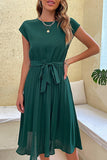 Sophisticated Belted Midi Dress with Short Sleeves