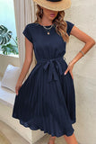 Sophisticated Belted Midi Dress with Short Sleeves