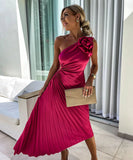 Fashion Sexy Oblique Shoulder Pleated Hollow Gown in Chic Colors
