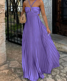 Solid Color Plunging Pleated Sleeveless Halter Dress for You